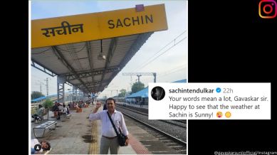 Sunil Gavaskar poses at Sachin railway station in Gujarat