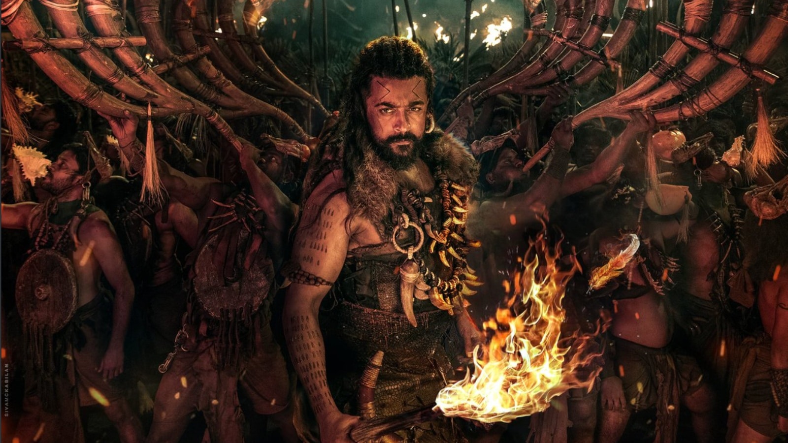 Kanguva New Poster: Suriya Is A Tribal King Surrounded By Horns Of Fire ...