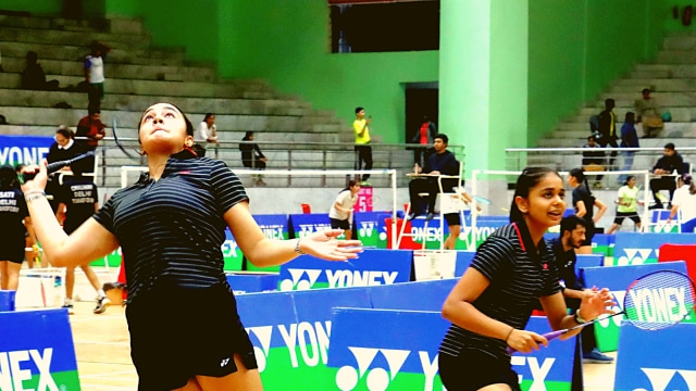 Taarini Suri and Shravani Walekar from Maharastra playing a match during 3rd day of Yonex Sunrise 30th Smt Krishna Khaitan Memorial All India Junior U19 Ranking Badminton tournament being played at Tau Devi Lal Sports Complex at Panchkula on Thursday, November 16, 2023. Express photo by Jasbir Malhi