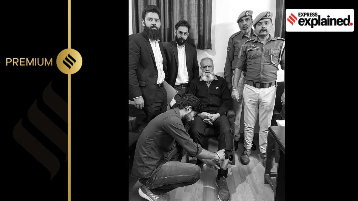 Jammu and Kashmir Police show the GPS tracker anklet that will be used for monitoring the terror accused out on bail. The GPS tracker anklet is a wearable device affixed around the ankle of the person to be monitored and tracks their movement.