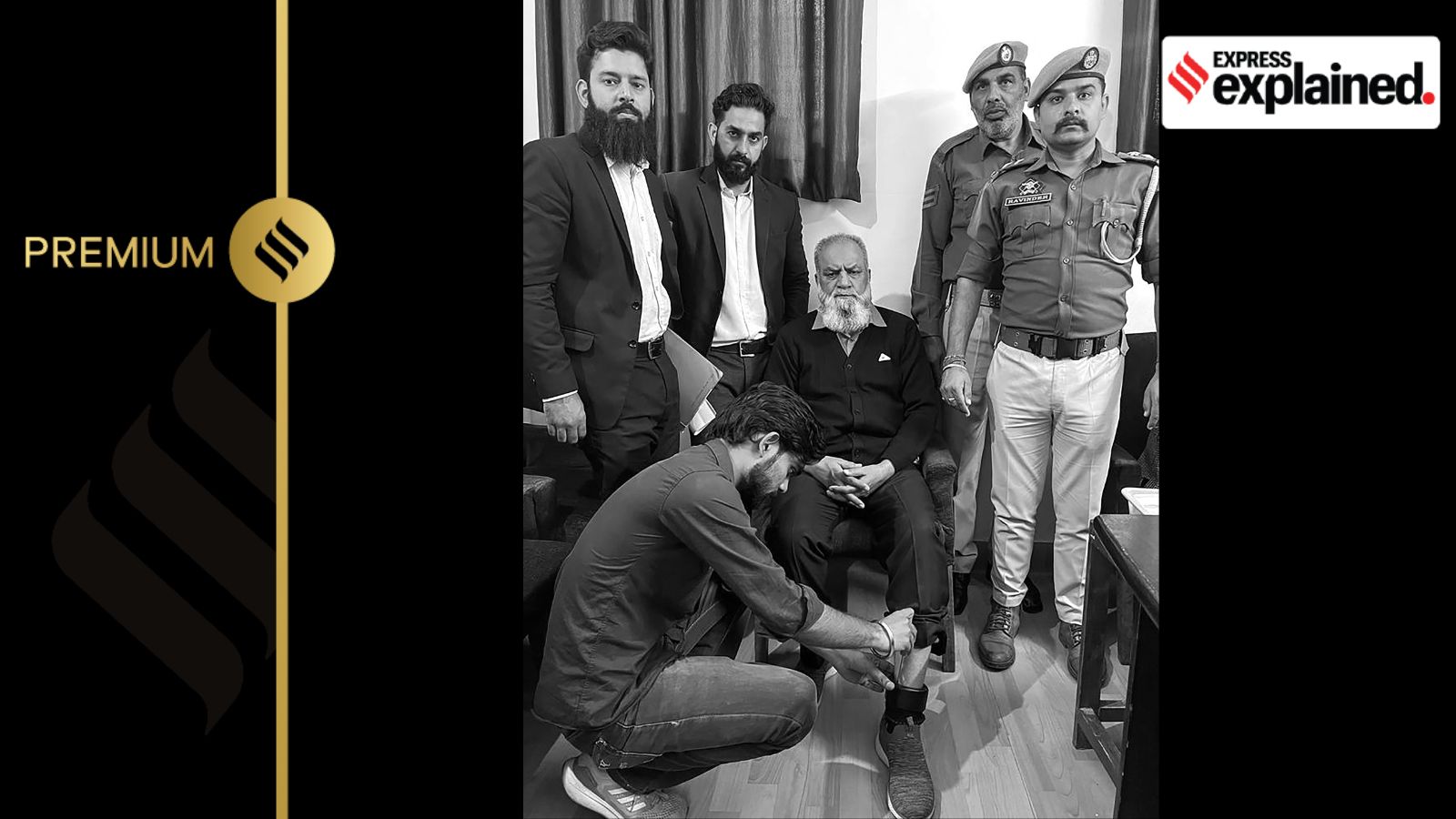 Jammu and Kashmir Police show the GPS tracker anklet that will be used for monitoring the terror accused out on bail. The GPS tracker anklet is a wearable device affixed around the ankle of the person to be monitored and tracks their movement.