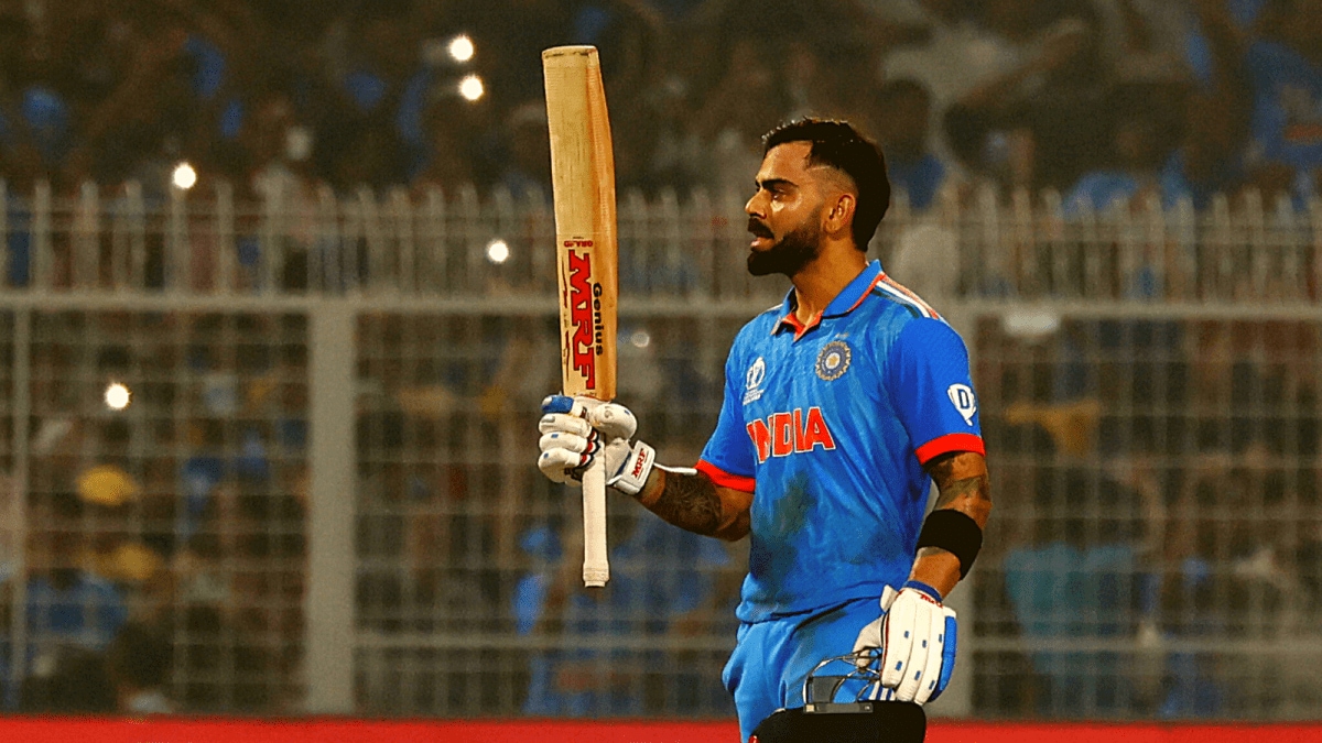 Virat Kohli after getting to his 49th ODI century on his 35th birthday at the Eden Gardens in Kolkata. Express photo by Partha Paul.