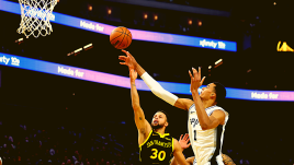 San Antonio Spurs center Victor Wembanyama (1) blocks a shot by Golden State Warriors guard Stephen Curry (30) during the first half of an NBA basketball In-Season Tournament game in San Francisco, Friday, Nov. 24, 2023. (AP Photo