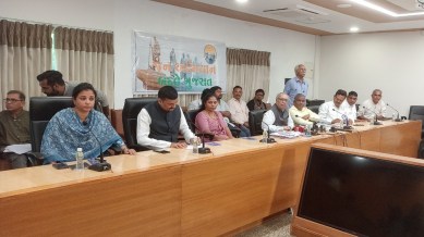 Varsha Vasava at the press conference in Ahmedabad on Tuesday. (Express Photo)