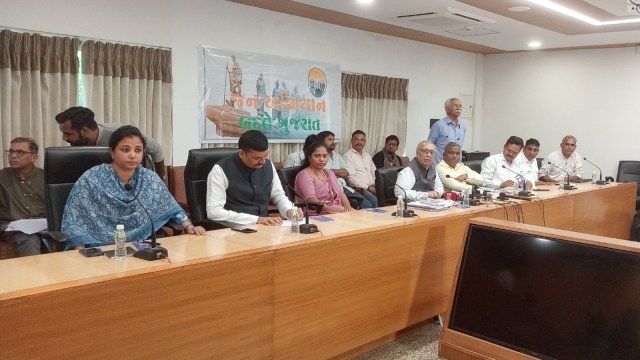 Varsha Vasava at the press conference in Ahmedabad on Tuesday. (Express Photo)
