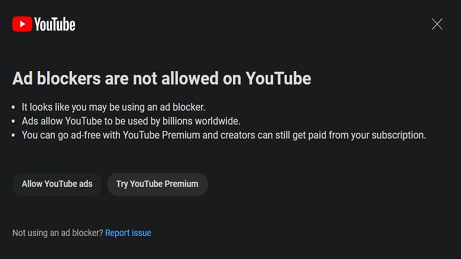 YouTube ad-blocker pop up warning