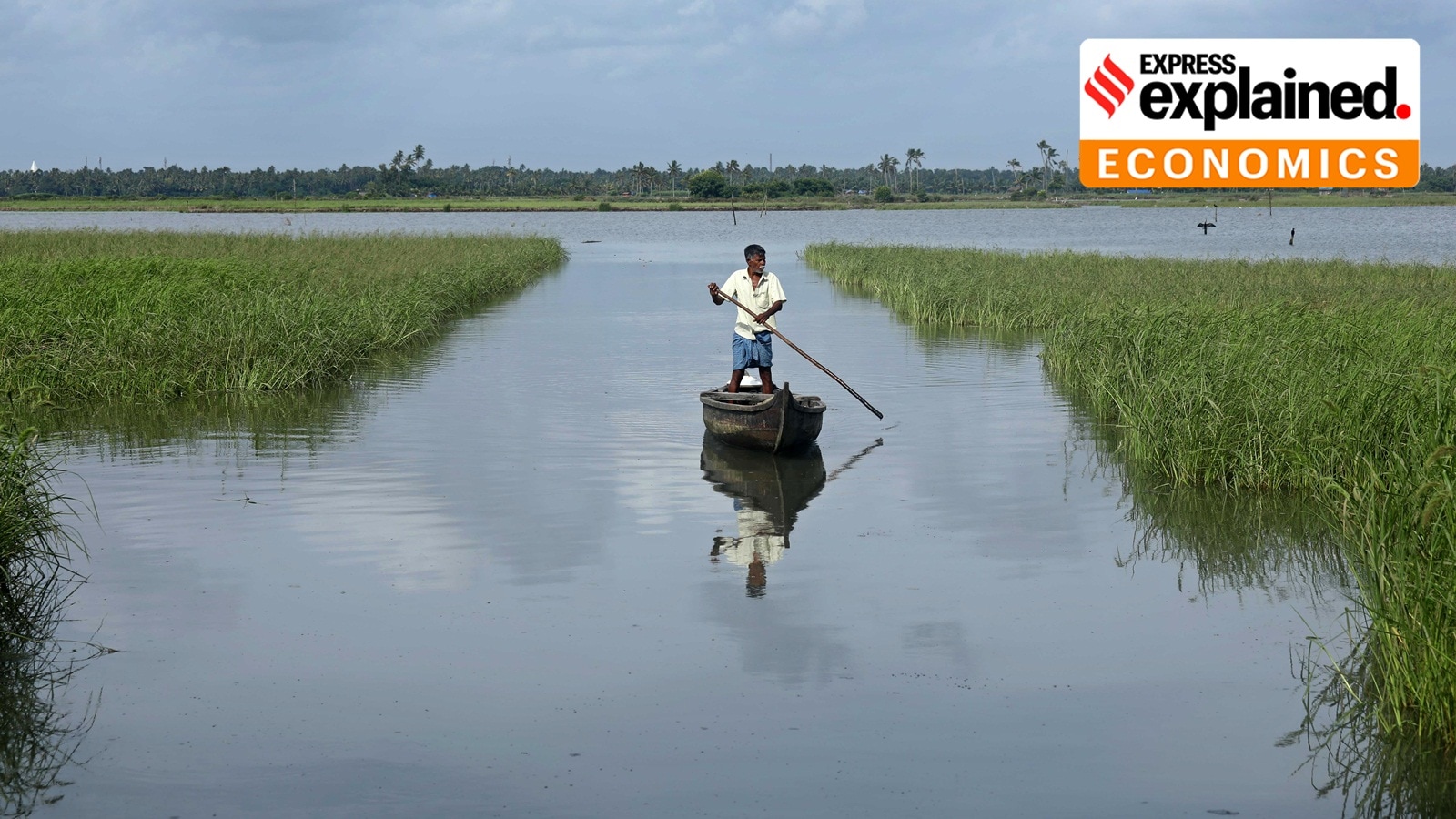 A man rowing a country boat through waterlogged paddy fields of Kadamakkudy village in Ernakulam in 2018.