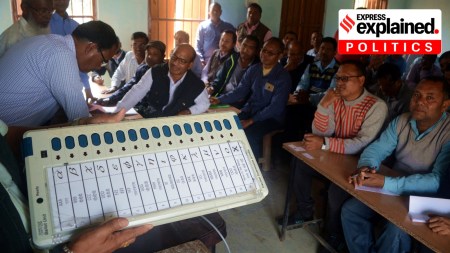 Electronic Voting Machine (EVM ) trainer giving training to the election polling and presiding officer for the Lok Sabha election 2019 at Barama Higher Secondary in Baska district of Assam.