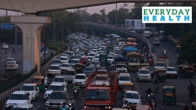 Vehicles near the Yamuna River in October 2023, in New Delhi.
