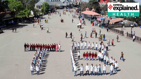 Students form the symbol of 'TB' as they observe World Tuberculosis Day at Ridge in Shimla.