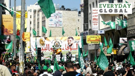 Hamas rally from 2007, with banners of former leaders Ahmed Yassin (left) and Abdel Aziz al-Rantisi (right).