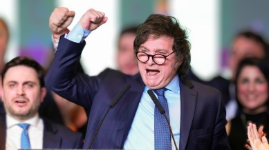 Javier Milei speaks at his campaign headquarters after polls closed for general elections in Buenos Aires, Argentina, on Oct. 22, 2023. (AP)