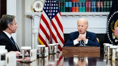 President Joe Biden, joined by Secretary of State Antony Blinken, speaks during a meeting at The White House in Washington on Nov. 21, 2023. When it was all said and done, the deal to release some of the hostages held by Hamas came down to two critical phone calls ultimately forcing each side to make a tough concession. (Erin Schaff/The New York Times)