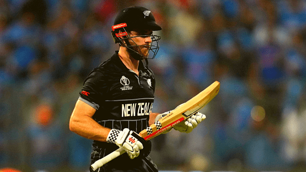 New Zealand's captain Kane Williamson celebrates his half century during the ICC Men's Cricket World Cup 2023 first semi-final match between India and New Zealand, at the Wankhede Stadium, in Mumbai, Wednesday, Nov. 15, 2023. (PTI Photo