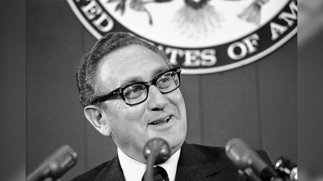 Secretary of State Henry Kissinger briefs reporters, Oct. 12, 1973, at the State Department in Washington.