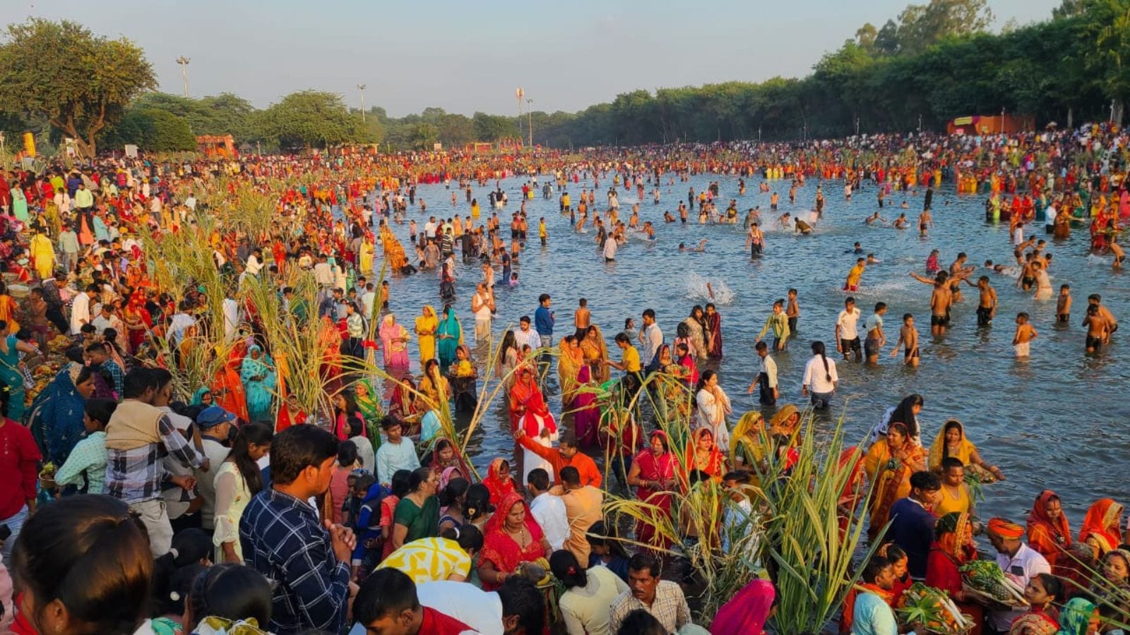 During Chhath Puja at the New Lake in Sector 42, Chandigarh, on Sunday evening. Jasbir Malhi