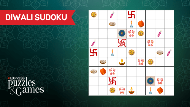 picdoku puzzle in style of sudoku, but using diwali symbols instead of numbers