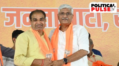 Union Jal Shakti Minister Gajendra Singh Shekhawat inducting into BJP MLA from Bari Girraj Singh Malinga, who is accused of assaulting Harshadhipati and passing casteist slurs at him