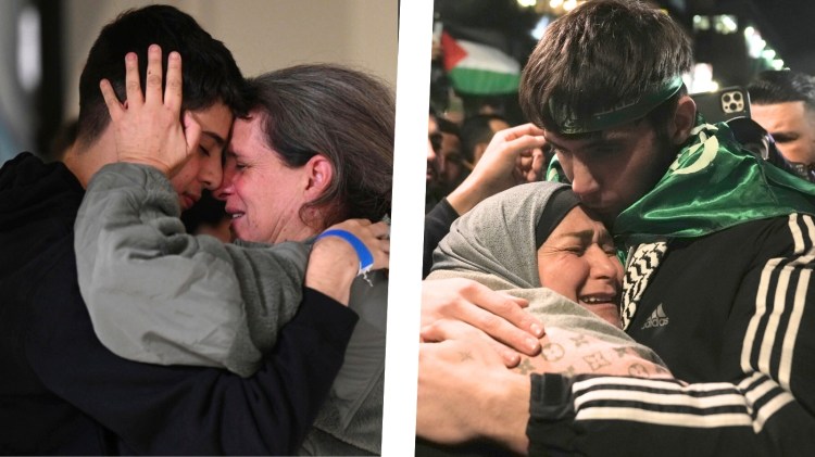 An emotional reunion: (Left) Sharon Hertzman, right, who was held hostage by Hamas, hugs a relative as they reunite at Sheba Medical Center in Ramat Gan, Israel. (Right) Omar Atshan, 17, hugs his mother after being released from an Israeli prison in the West Bank town of Ramallah. (Haim Zach/GPO/Handout, Nasser Nasser, via AP)