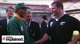 Nelson Mandela meets members of the South African rugby team, in a time when the team was seen as a representation of the apartheid rule that had existed for decades.