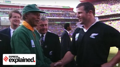 Nelson Mandela meets members of the South African rugby team, in a time when the team was seen as a representation of the apartheid rule that had existed for decades.