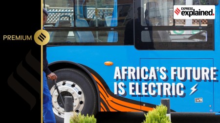 An electric mass transit bus assembled by electric vehicle manufacturer Roam at the Green Park Terminus in Nairobi, Kenya October 19, 2022.