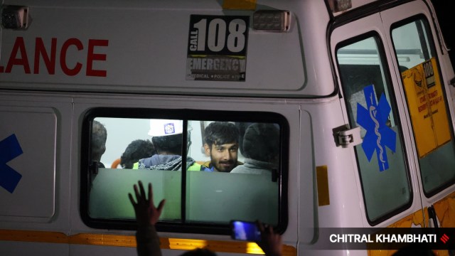 Ambulances carrying workers trapped in the Silkyara-Barkot tunnel in Uttarakhand leave after the rescue operation completes on Tuesday, November 28. Express photo by Chitral Khambhati