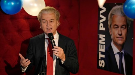 Geert Wilders, leader of the Party for Freedom, known as PVV, reacts to first preliminary results of general elections in The Hague, Netherlands, Wednesday, Nov. 22, 2023. (AP Photo/Peter Dejong)