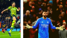 (LEFT) Declan Rice celebrates after scoring his Arsenal's winner; (RIGHT) David Raya looks dejected after Ross Barkley scored Luton Town's third goal. (PHOTOS: AP, REUTERS)