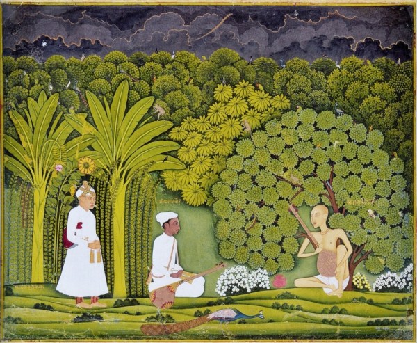Akbar (left) and Tansen (centre) visit Swami Haridas in Vrindavan. 