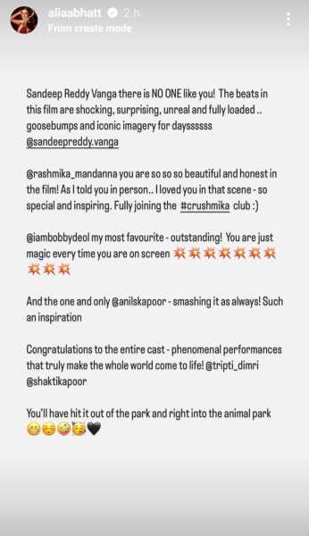 Alia Bhatt- IG story- congratulating Animal team