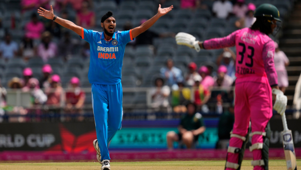 IND SAIndia's bowler Arshdeep Singh succefully appeals for LBW dismissal against South Africa's batsman Rassie van der Dussen during the first One Day International cricket match between South Africa and India, at the Wanderers in Johannesburg, South Africa. (AP | PTI)