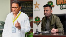 Congress candidate from Jubilee Hills Assembly constituency Mohammad Azharuddin shows his finger marked with indelible ink after casting his vote for the Telangana Assembly elections, in Hyderabad; Newly appointed chief selector Wahab Riaz, speaks during a press conference at the Gaddafi Stadium in Lahore, Pakistan (AP | PTI)
