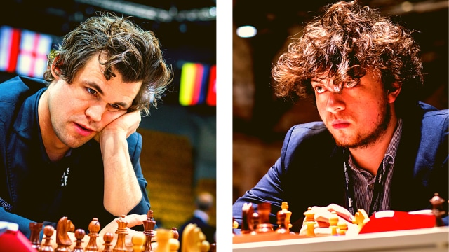 Magnus Carlsen (left) at the World Rapid and Blitz 2022. Hans Niemann at the Riga Grand Swiss tournament. (PHOTOS: FIDE/Lennart Ootes, Anna Shtourman)