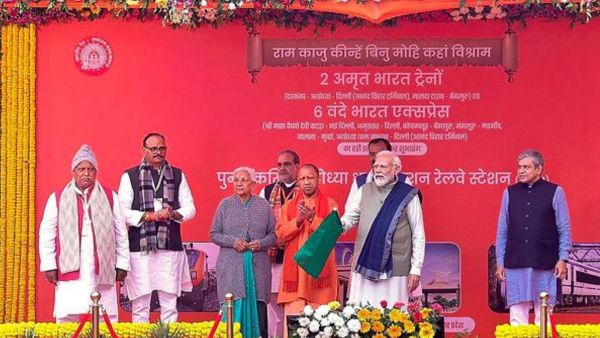Prime Minister Narendra Modi with Uttar Pradesh Governor Anandiben Patel, Chief Minister Yogi Adityanath and others during the inauguration of the redeveloped 'Ayodhya Dham Junction' Railway Station (Phase 1). (PTI Photo)