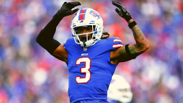 Buffalo Bills safety Damar Hamlin reacts after a play during the first half of the team's NFL football game against the Pittsburgh Steelers. (AP)