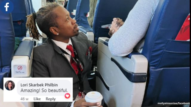 Delta flight attended helps nervous passenger.