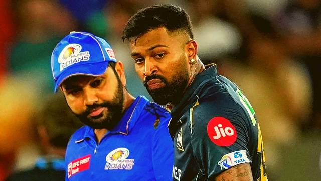 Mumbai Indians’ then captain Rohit Sharma and Gujarat Titans’ then captain Hardik Pandya during the IPL 2023 T20 cricket match