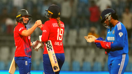 England women players Heather Knight and Sophie Ecclestone celebrate after winning the 2nd T20 International match over India Women, at Wankhede Stadium in Mumbai, Saturday, Dec. 9, 2023.(PTI Photo