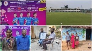 (Top) A poster of Women's Asian Champions Trophy in Ranchi; A astroturf that in Simdega that was laid in 2015; (Below) Salima Tete’s parents Subhani and Sulakshan;Nikki’s father Soma and sister Sarina; Sangita’s parents and sister Sarvati. ((Express Photo by Vinayakk Mohanarangan)