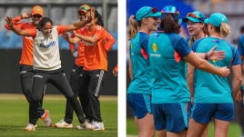 India's captain Harmanpreet Kaur with teammates during a practice session (LEFT); Australia women's cricket team players ahead of the one-off Test between India Women and Australia Women at the Wankhede Stadium. (PHOTOS: PTI)