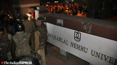Jawaharlal Nehru University, JNU ABVP students protest, ABVP burns VCs effigy, JNU manual on protest curbs, administrative buildings, indian express news