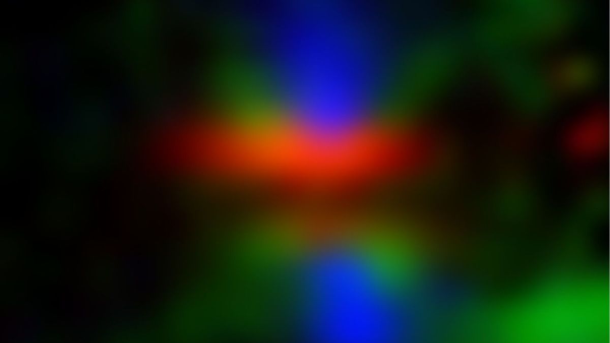 Composite image of the area around the protoplanetary disk HH 48 NE. The scattered light on the disk is red. The gas from a wind above the disk is green. The jet is blue.