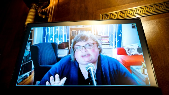Joan Donovan, then-research director of the Shorenstein Center on Media, Politics and Public Policy, speaks remotely during a hearing of the Senate Judiciary Subcommittee on Privacy, Technology, and the Law, on Capitol Hill, April 27, 2021, in Washington. (Al Drago/Pool Photo via AP, File)