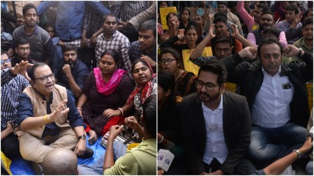 SLST candidates’ stir, SLST candidates wants to meet Basu, State-Level Selection Test, Trinamool Congress, students demonstration at Gandhi statue, Kunal Ghosh, indian express news