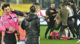 MKE Ankaragucu President Faruk Koca reacts as the referee Halil Umut Meler lies on the ground at the end of their Super Lig home match against Caykur Rizespor
