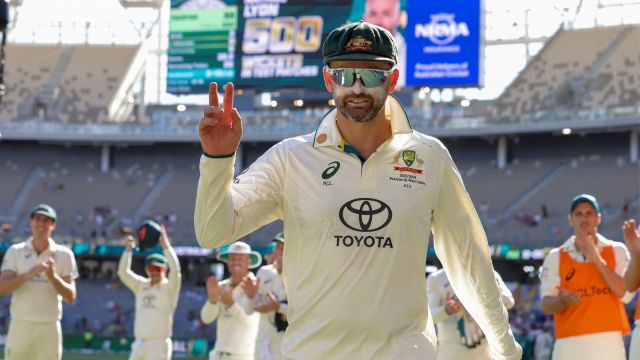 Australia's Nathan Lyon gestures as he leaves the field at the end of play on the fourth day of the first cricket test between Australia and Pakistan in Perth, Australia. (AP | PTI)