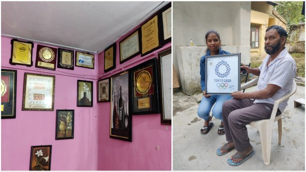 Nikki Pradhan's sister Sarina and father Soma (R) and the inside of the house in Ranchi decorated with Nikki's awards and such. ( (Express Photo by Vinayakk Mohanarangan))
