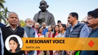 TMC leader Mahua Moitra with Congress leader Sonia Gandhi and others at the Gandhi Statue after she was expelled from the Lok Sabha over cash-for-query allegation during the Winter session of Parliament. (PTI)