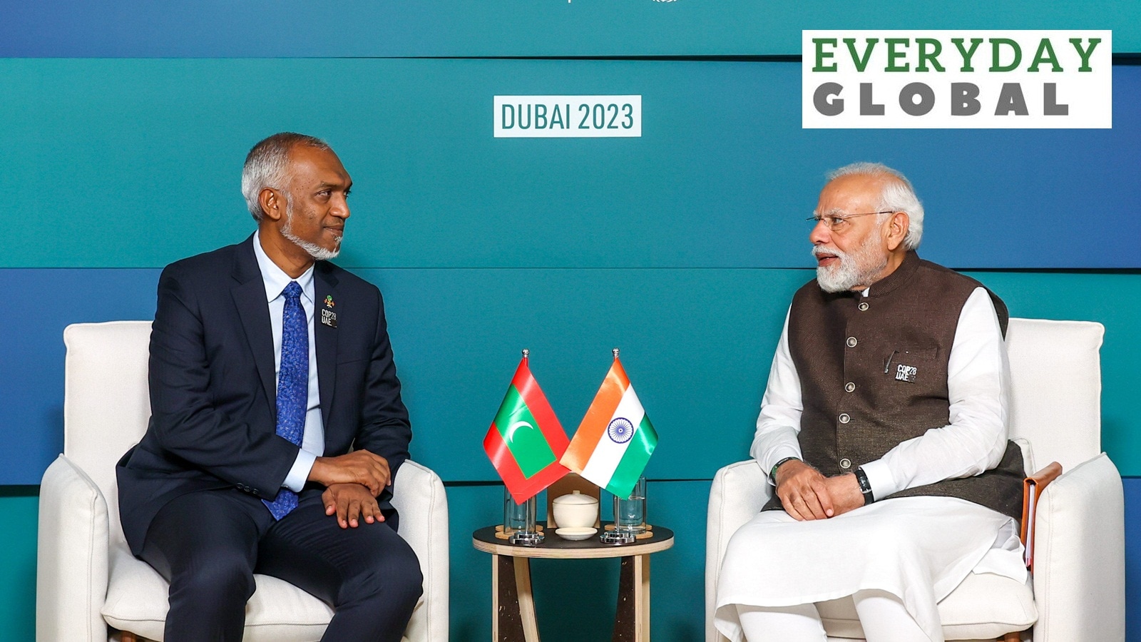 Prime Minister Narendra Modi in a meeting with President of Maldives Mohamed Muizzu during the COP28, in UAE, Friday, Dec. 1, 2023.